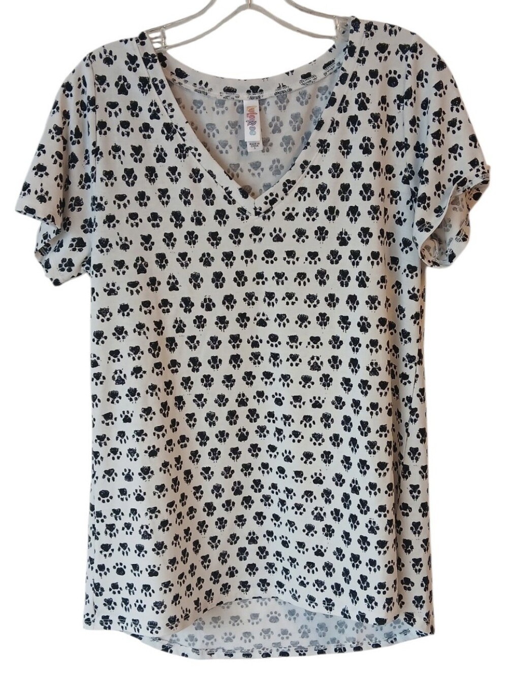LuLaRoe Christy Black Snd White Paw Print Top Size Small